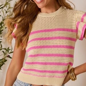 Striped Knit Short Sleeve Sweater With Ruffle Cap Sleeve Coquette Girly Preppy